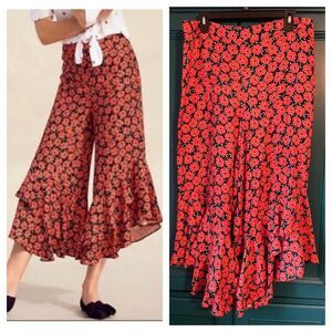 Ett Twa Anthropologie Virginie Floral Ruffle Wide Leg Cropped Pants Sz 12 Boho